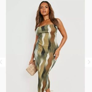 PLUS ABSTRACT PLISSE COWL NECK MIDI DRESS